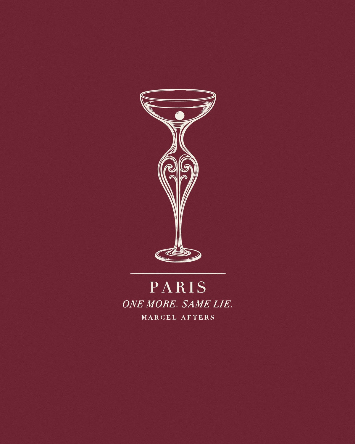 One More, Same Lie engraved drawing by Marcel Afters: an Art Nouveau coupe with a cherry for Paris, set on a deep wine ground.