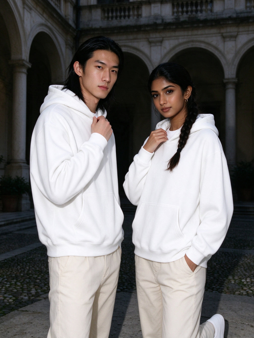 Two people wearing the Oversize Heavyweight Fleece Hoodie in Lucent White, full-length model photo