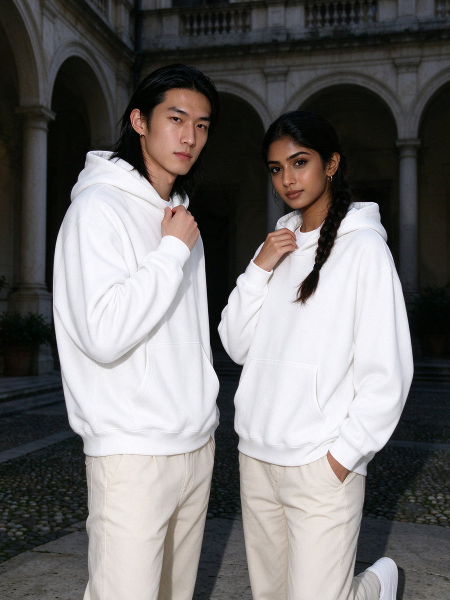 Two people wearing the Oversize Heavyweight Fleece Hoodie in Lucent White, full-length model photo