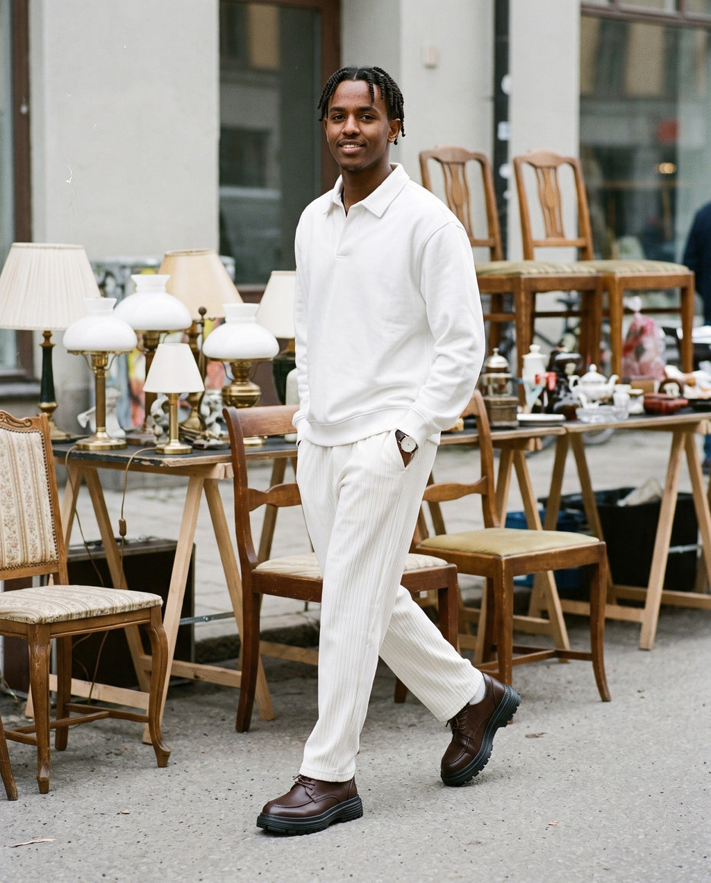 Man wearing the Oversized Collared Sweatshirt in White, full-length model photo
