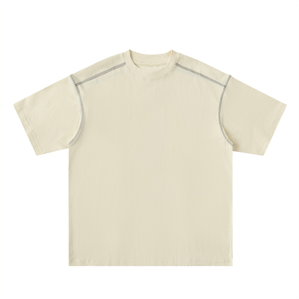 Marcel Afters Oversized Contrast-Stitched Cotton Tee in Beige Camel, laid flat