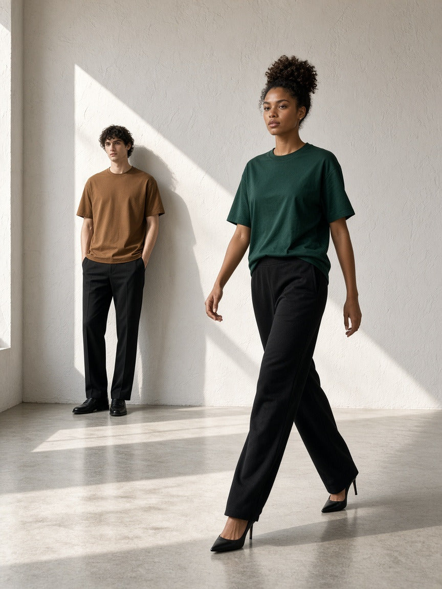 Two people wearing the Oversized Drop Shoulder T-Shirt, 240 gsm in Brown and Dark Green, full-length model photo