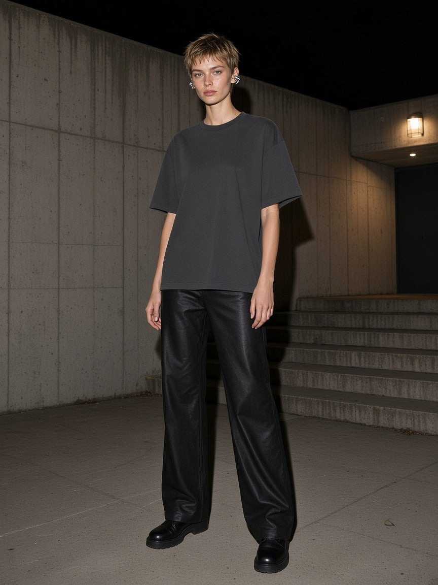 Model wearing the Oversized One-Piece Boxy T-Shirt in Dark Gray, full-length model photo