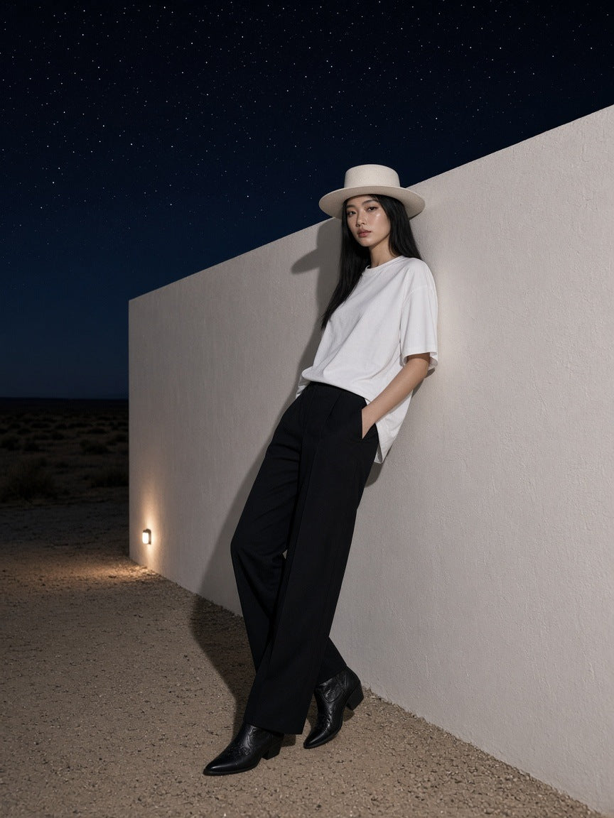 Marcel Afters Oversized One-Piece Boxy T-Shirt in White, worn by a woman, leaning on a wall under a desert night sky in a wide-brim hat