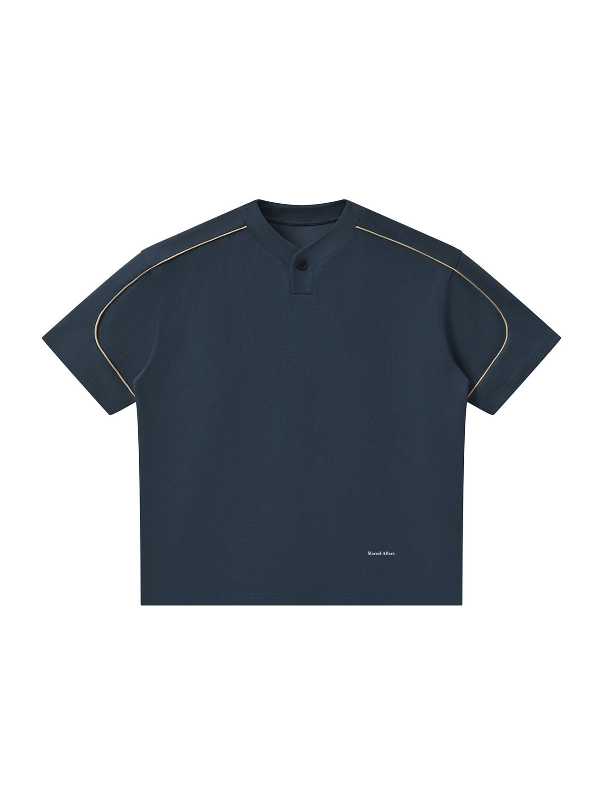 Marcel Afters Oversized Piping Henley T-Shirt in Dark Gray, laid flat, plain white background
