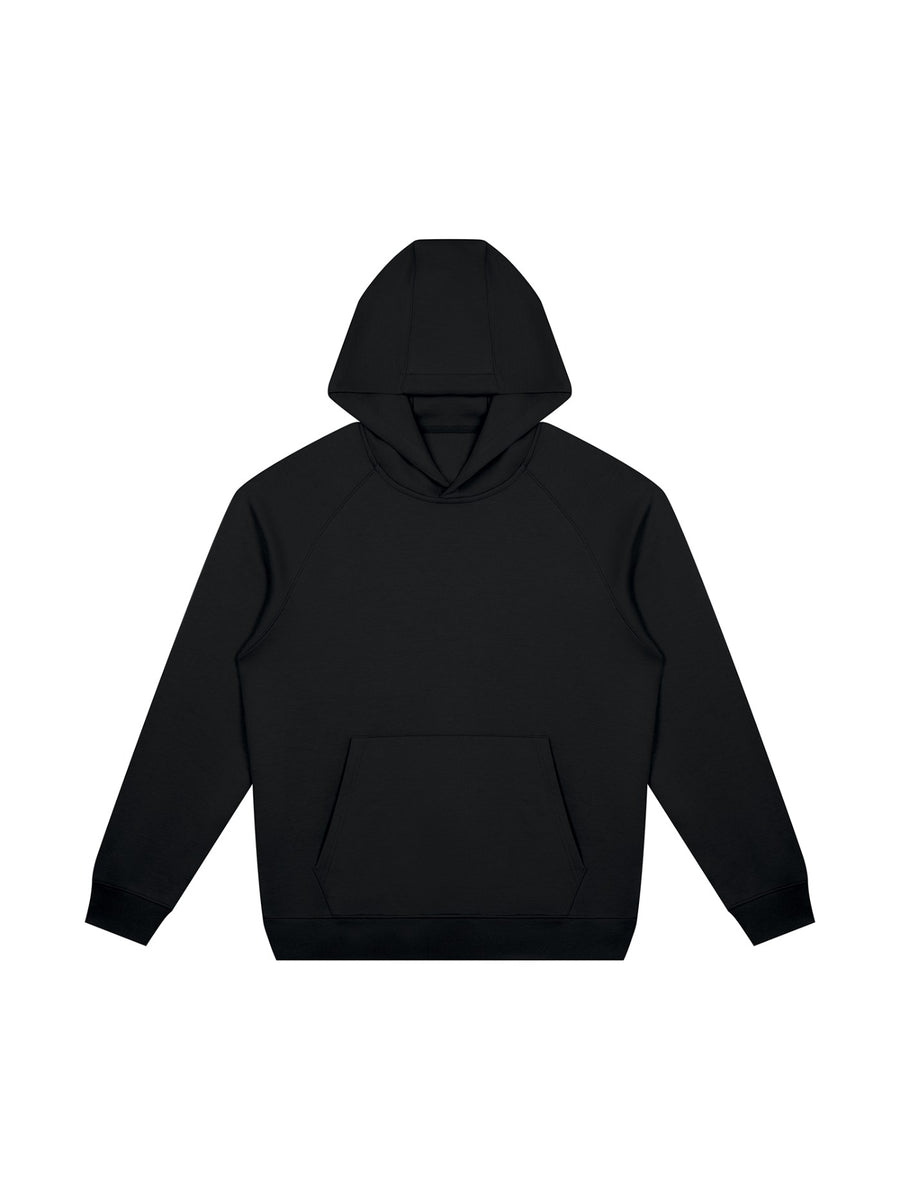 Marcel Afters Oversized Raglan Pullover Hoodie in Black, laid flat