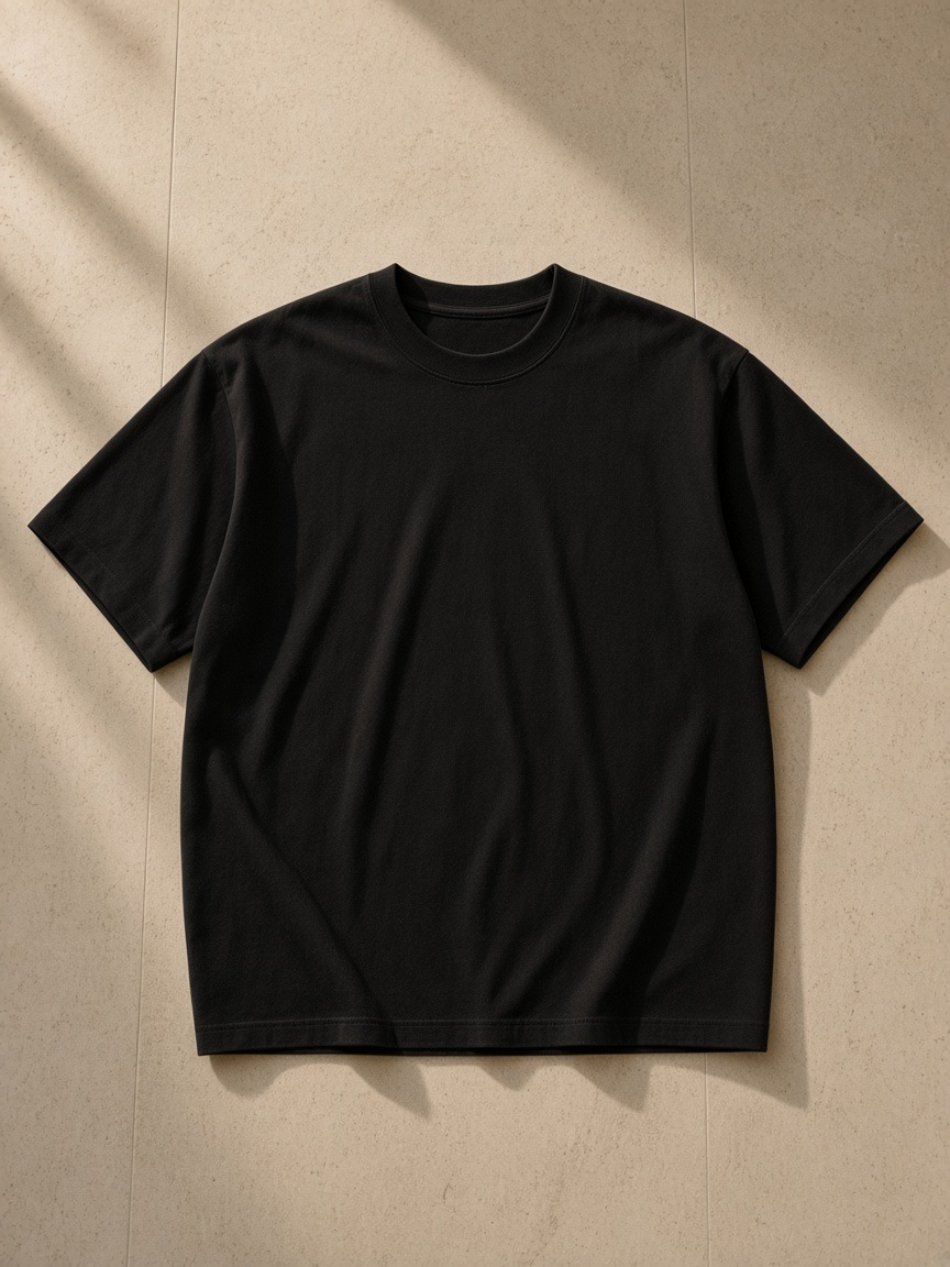 Oversized T-Shirt in Black, laid flat on pale limestone
