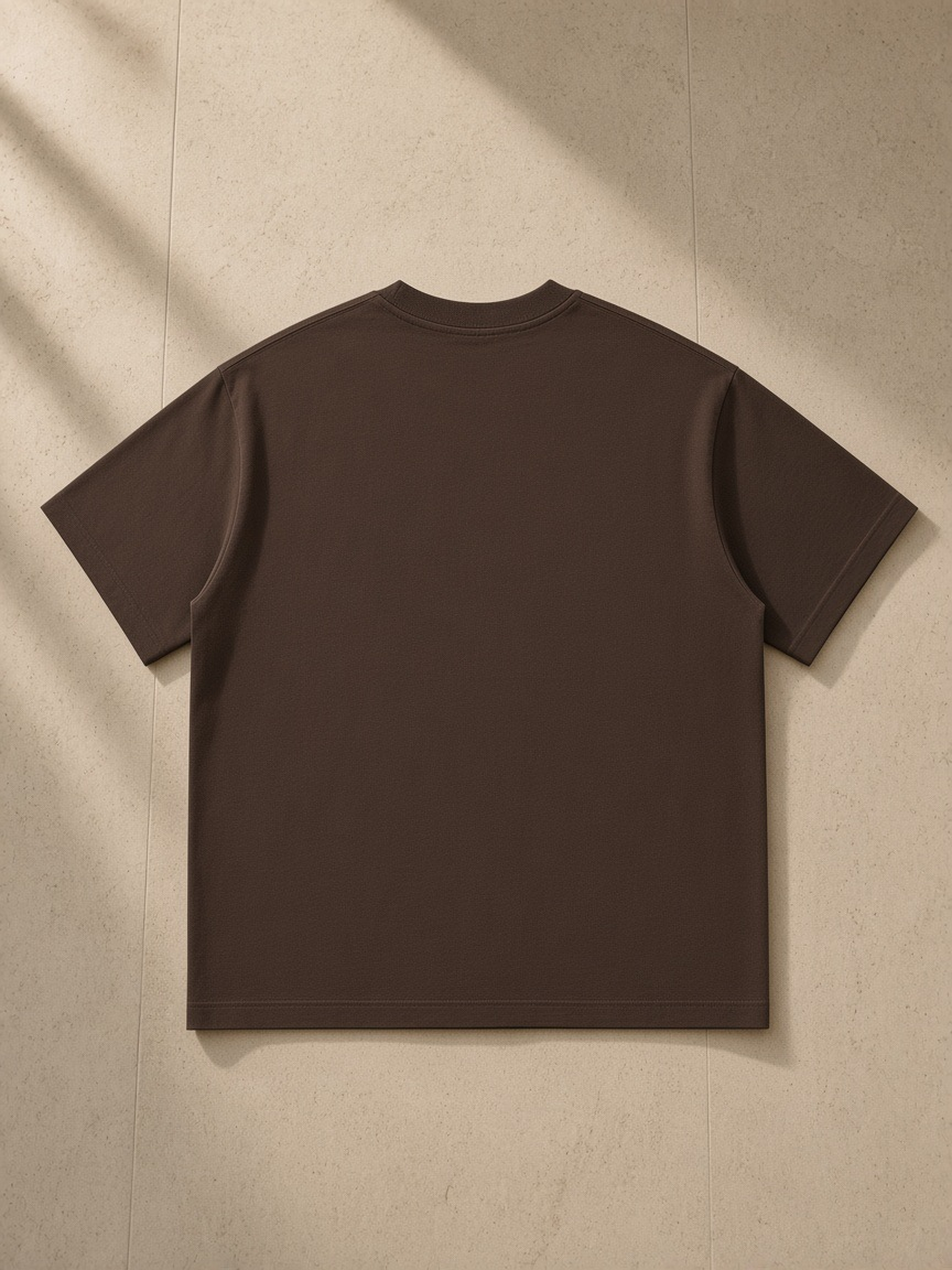 Men's Oversized T-Shirt in Coffee, laid flat on pale limestone, back view