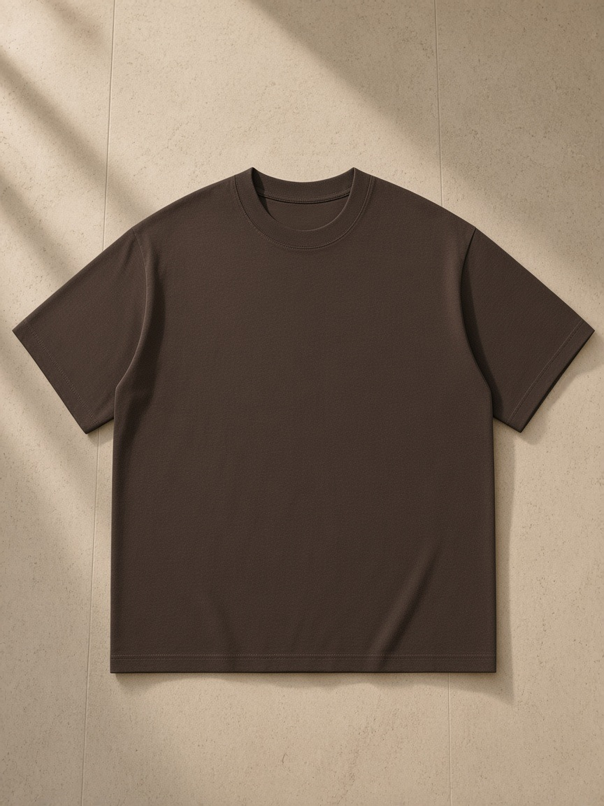 Oversized T-Shirt in Coffee, laid flat on pale limestone
