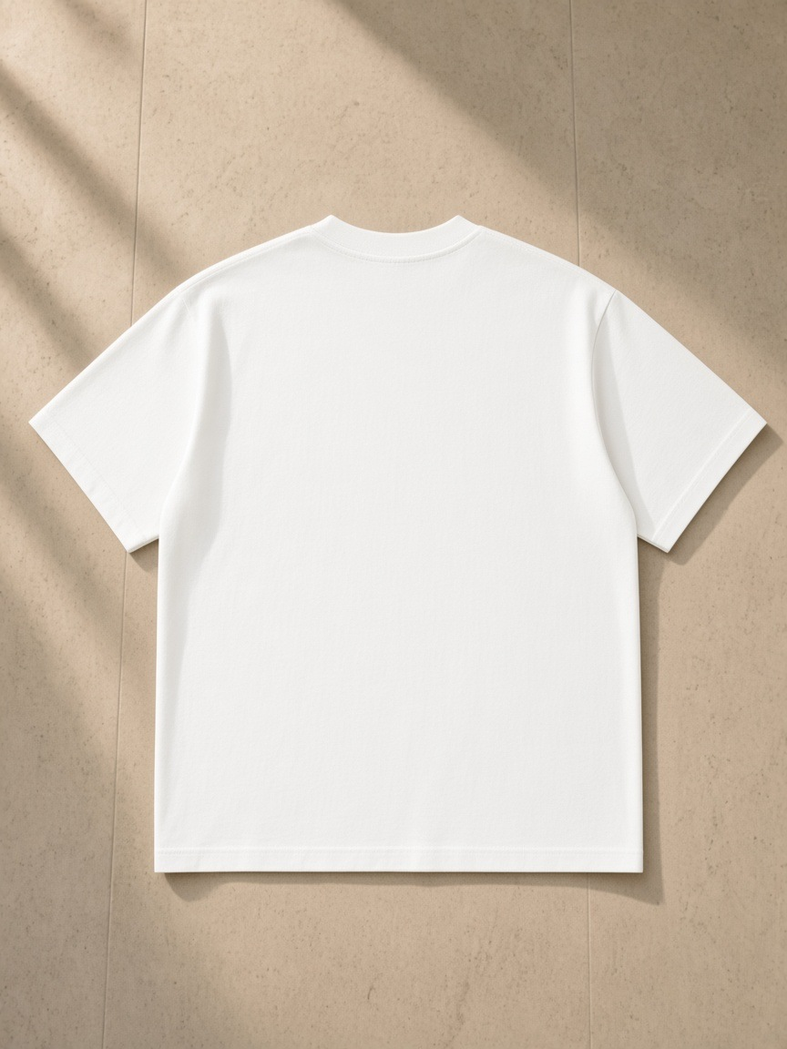 Oversized T-Shirt in White, laid flat on pale limestone, back.