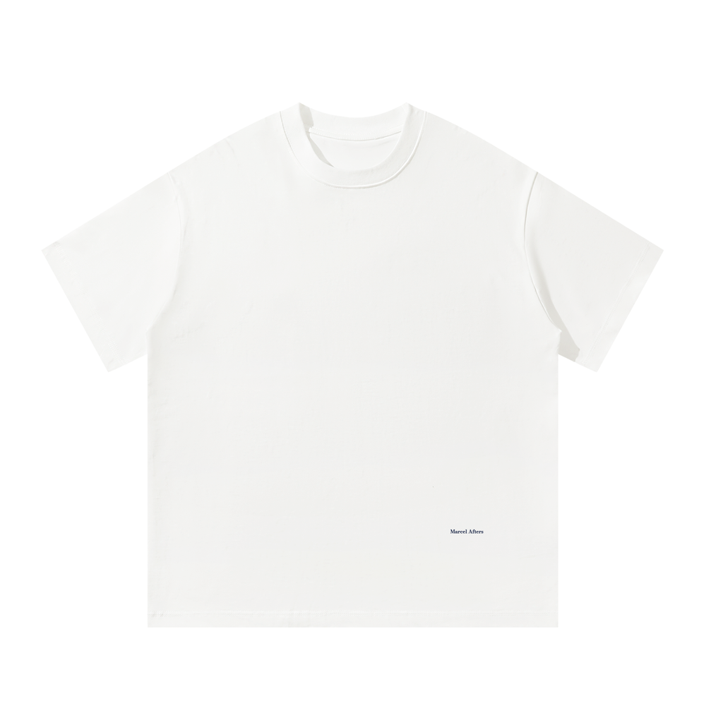 Oversized T-Shirt in White, front view, small Marcel Afters wordmark at the lower left front.