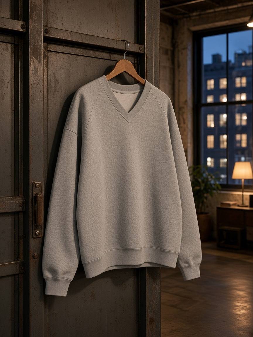 Marcel Afters Oversized V-Neck Sweatshirt in Flower Gray, on a hanger, industrial loft