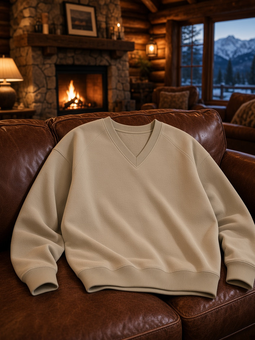 Marcel Afters Oversized V-Neck Sweatshirt in Khaki, laid flat, living room