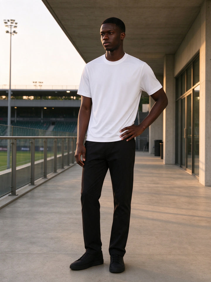 Marcel Afters Performance Short Sleeve T-Shirt in White, worn by a man, standing on a concrete sports-club terrace at golden hour in a white performance tee and black trousers