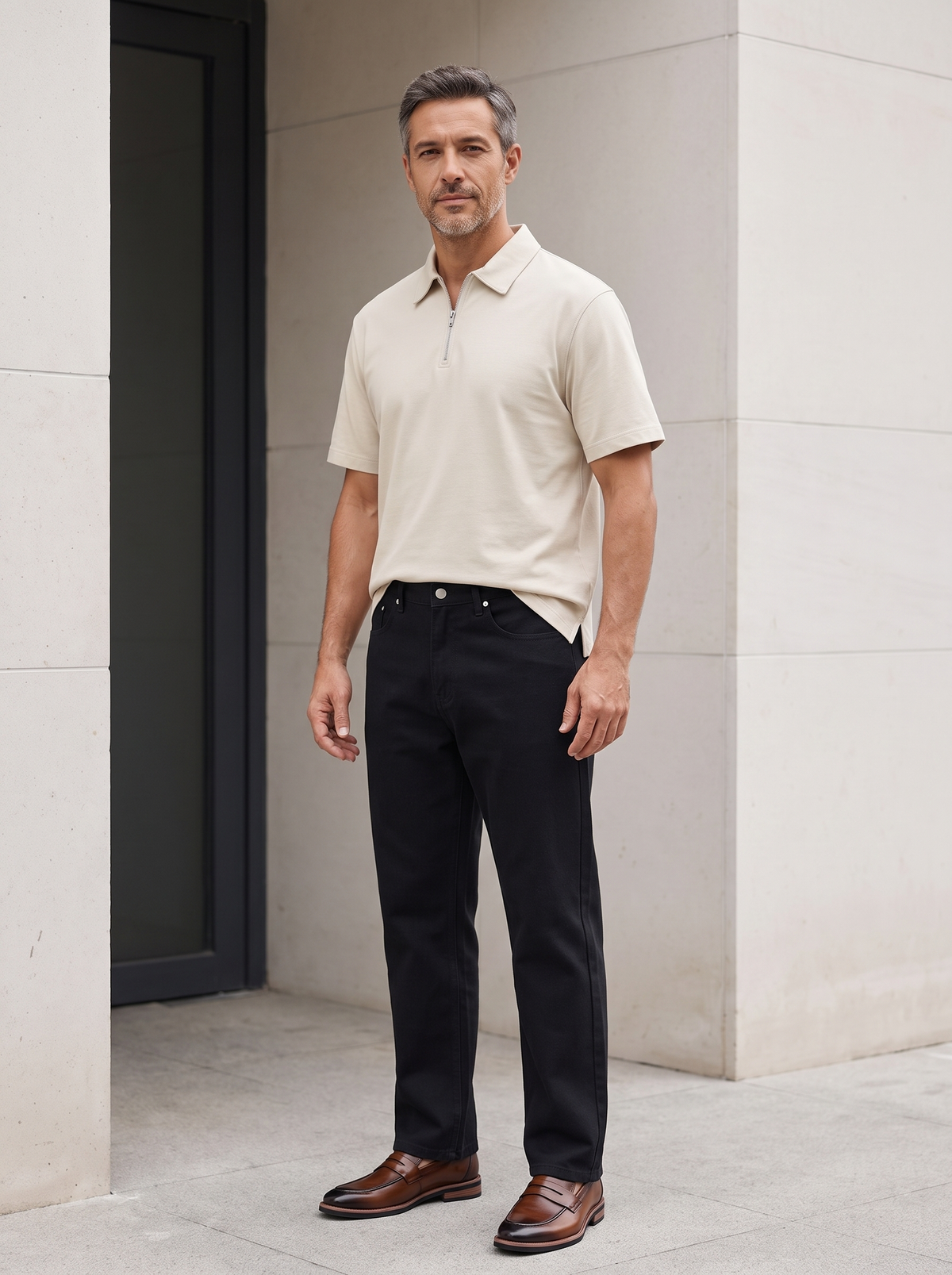 Man wearing Marcel Afters Half-Zip Cotton Polo in Pale Khaki with Black straight-leg pants and Brown Long Lunch loafers; front tuck, full polo length shown in flats