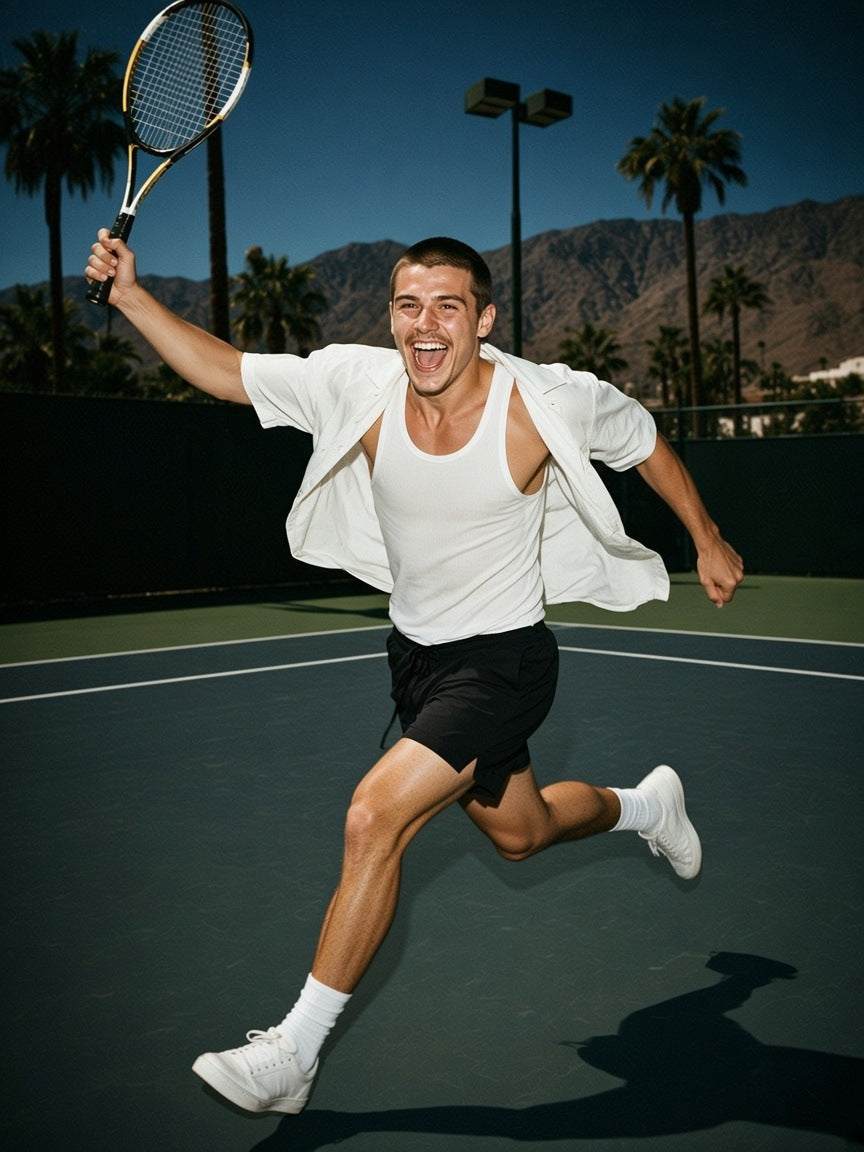 Man in the Men's Pocketed Compression-Lined Performance Shorts in Black, sprinting across a floodlit Palm Springs tennis court at 3am