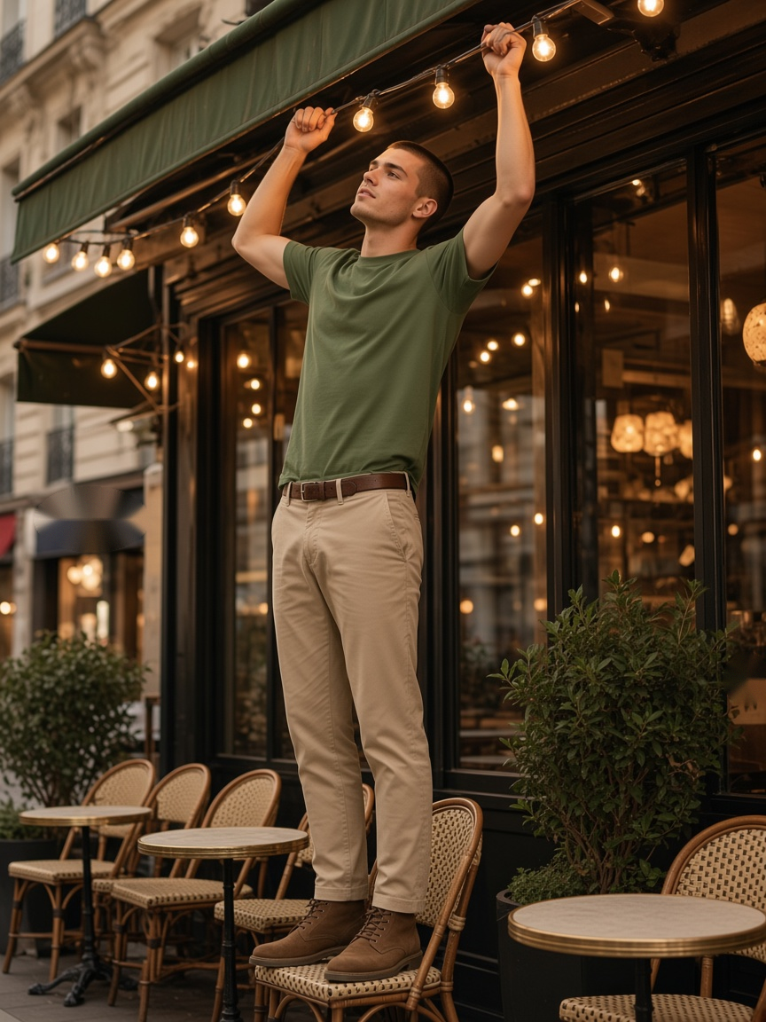 Marcel Afters Pure Cotton T-Shirt, 180 gsm in Army Green, worn by a man, outdoor cafe