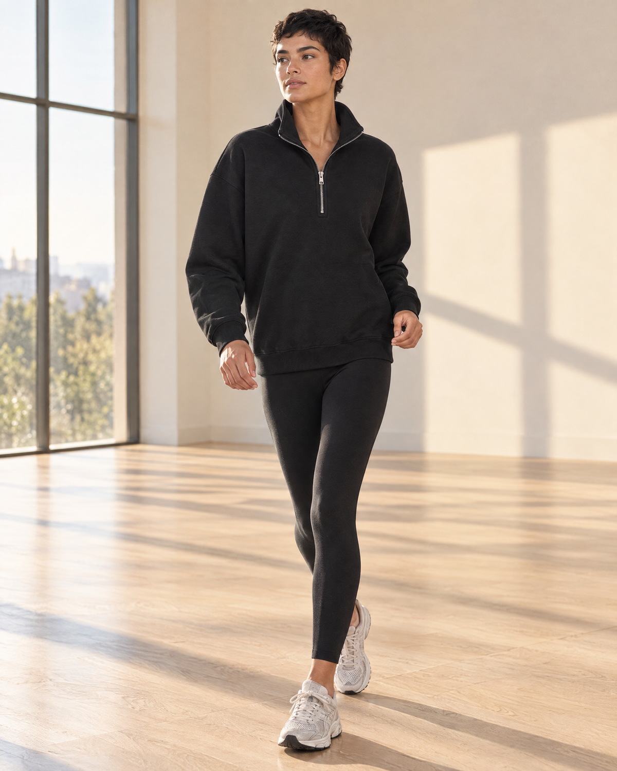 Quarter-Zip Drop Shoulder Sweatshirt, Dark Tones, worn by the model in motion