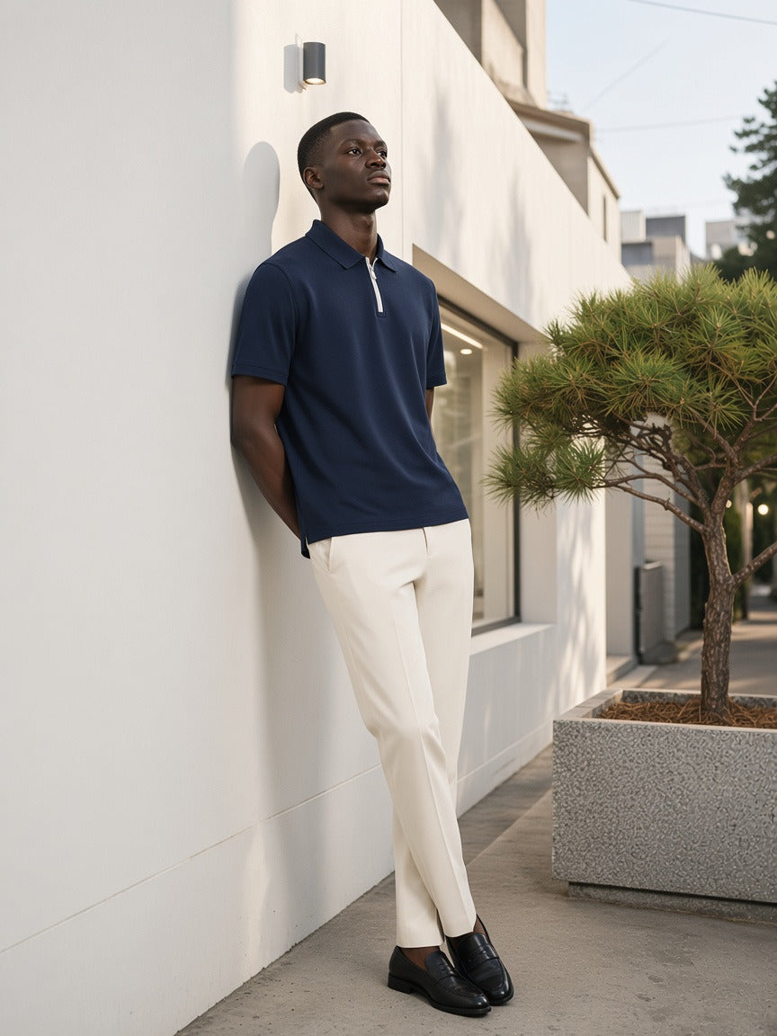Man wearing the Quarter-Zip Knit Polo in Navy Blue, full-length model photo