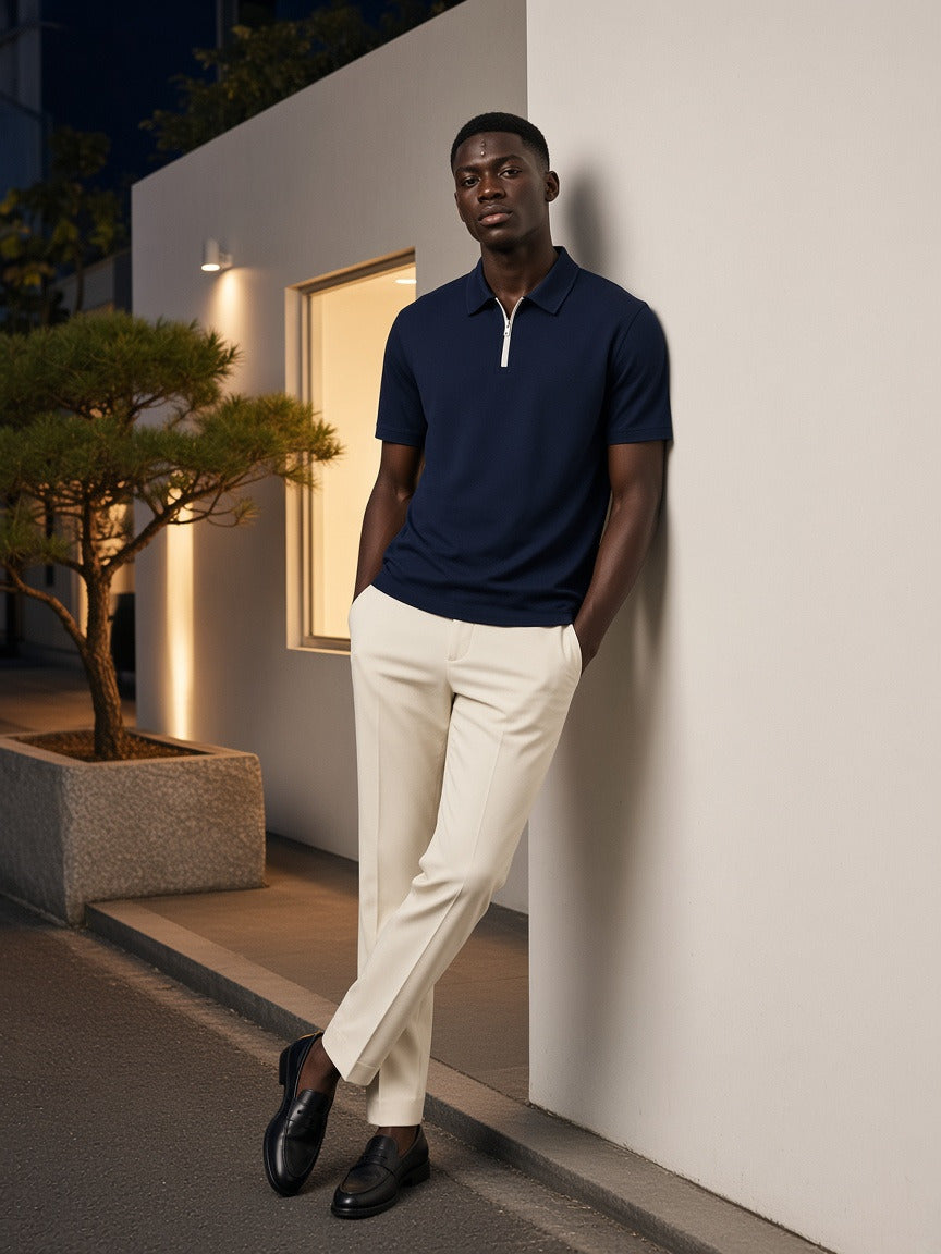 Man wearing the Quarter-Zip Knit Polo in Navy Blue, full-length model photo