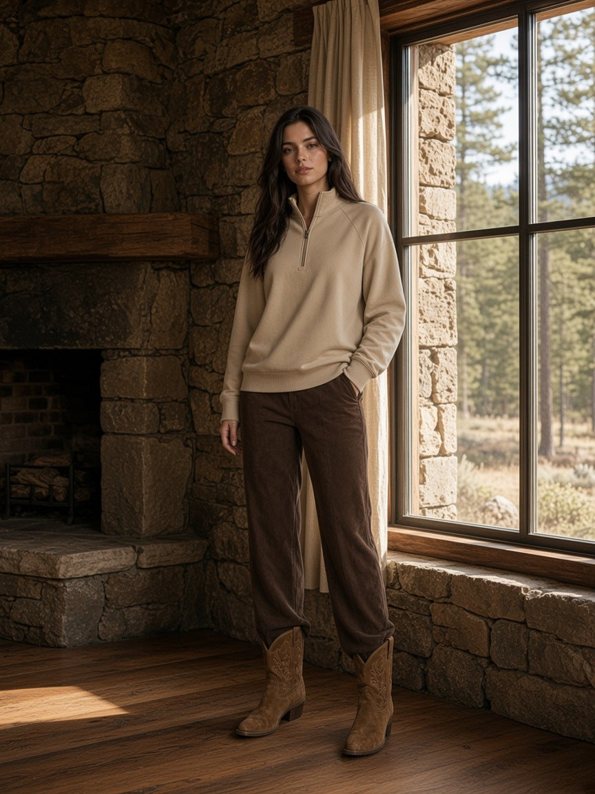 Marcel Afters Quarter-Zip Pullover Sweatshirt in Beige, worn by a woman, stone fireplace