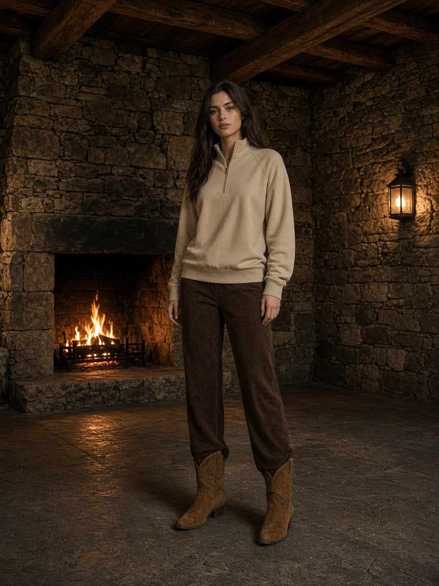 Marcel Afters Quarter-Zip Pullover Sweatshirt in Beige, worn by a woman, stone room