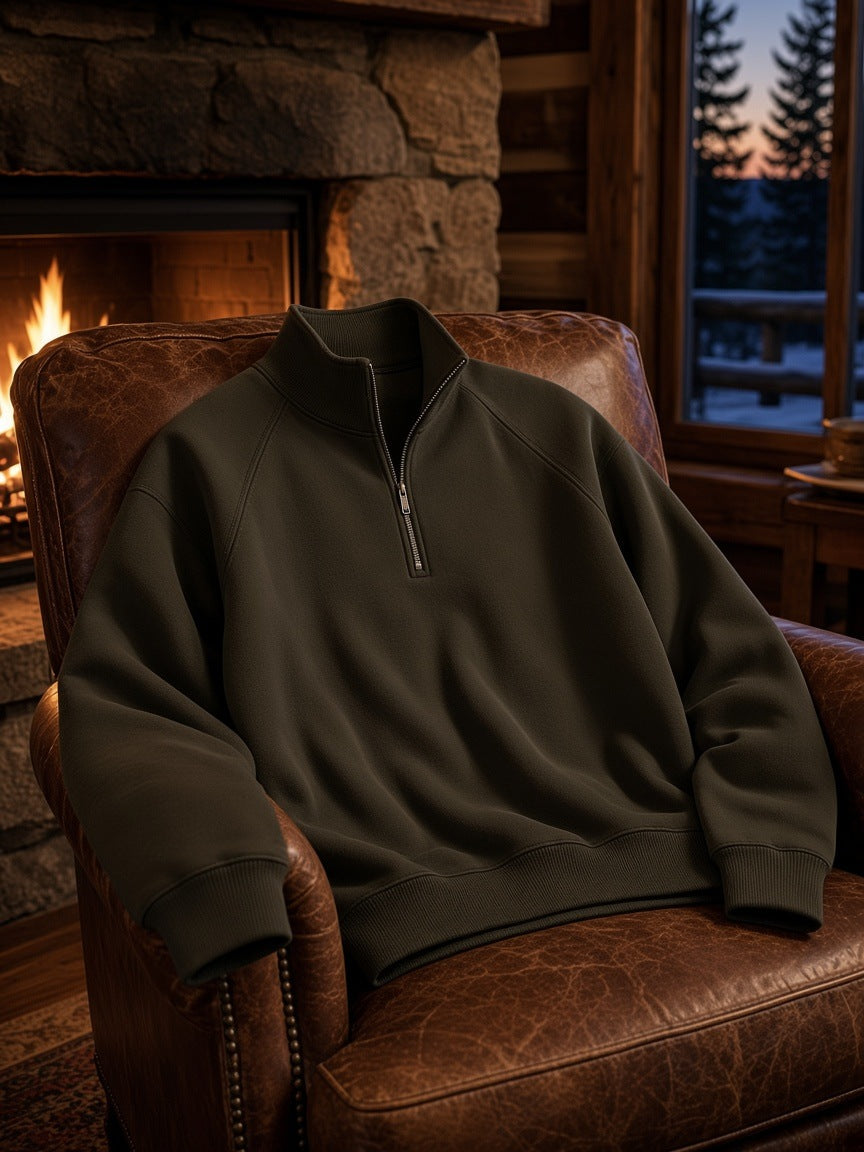 Marcel Afters Quarter-Zip Pullover Sweatshirt in Brown, laid flat, wood-paneled room