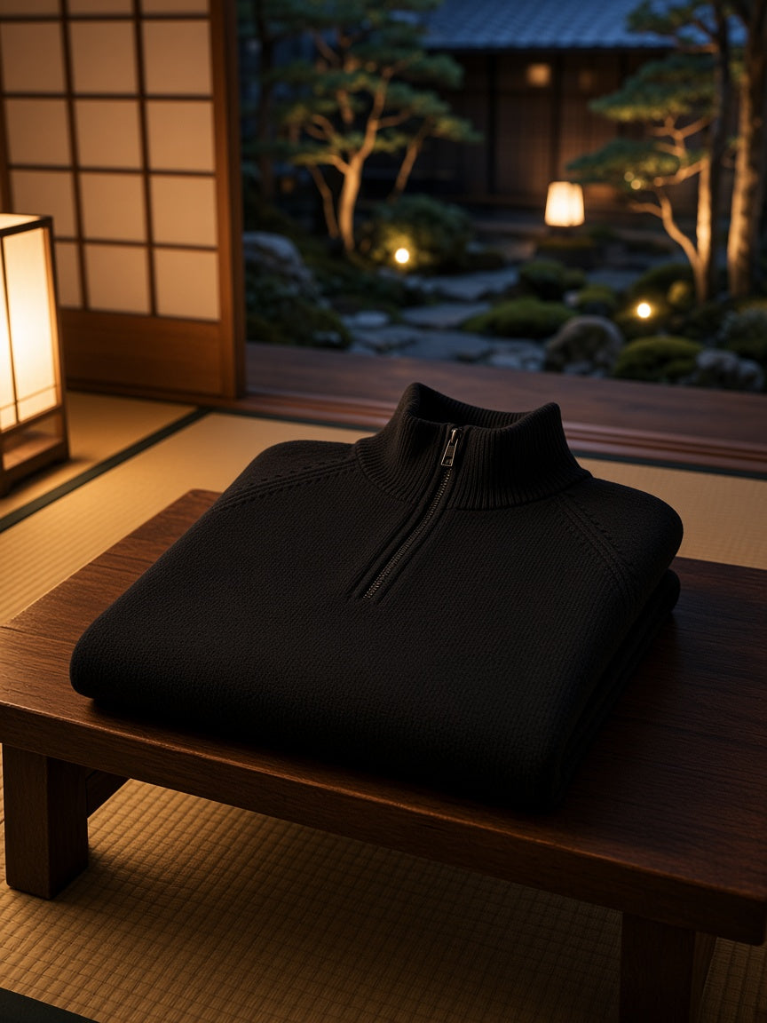 Marcel Afters Quarter-Zip Pullover Sweatshirt in Black, laid flat, japanese room