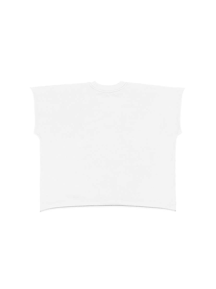 Marcel Afters Raw Edge Boxy Non-Shrink T-Shirt in White, laid flat