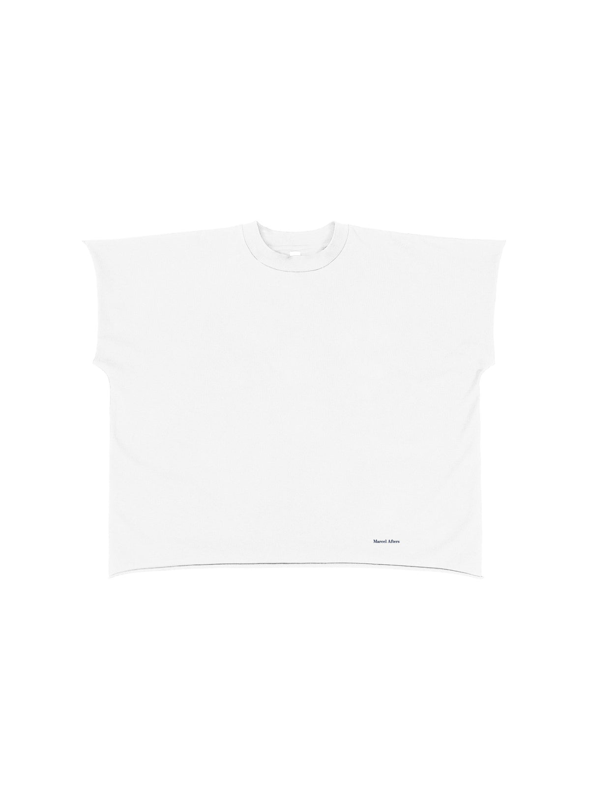 Marcel Afters Raw Edge Boxy Non-Shrink T-Shirt in White, laid flat