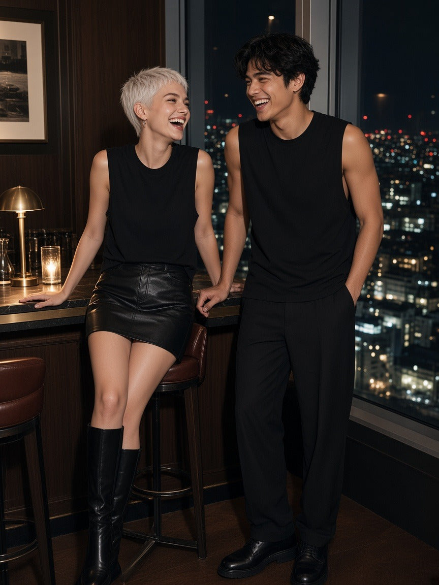 Two people wearing the Raw Edge Cotton Tank Top in Black, full-length model photo