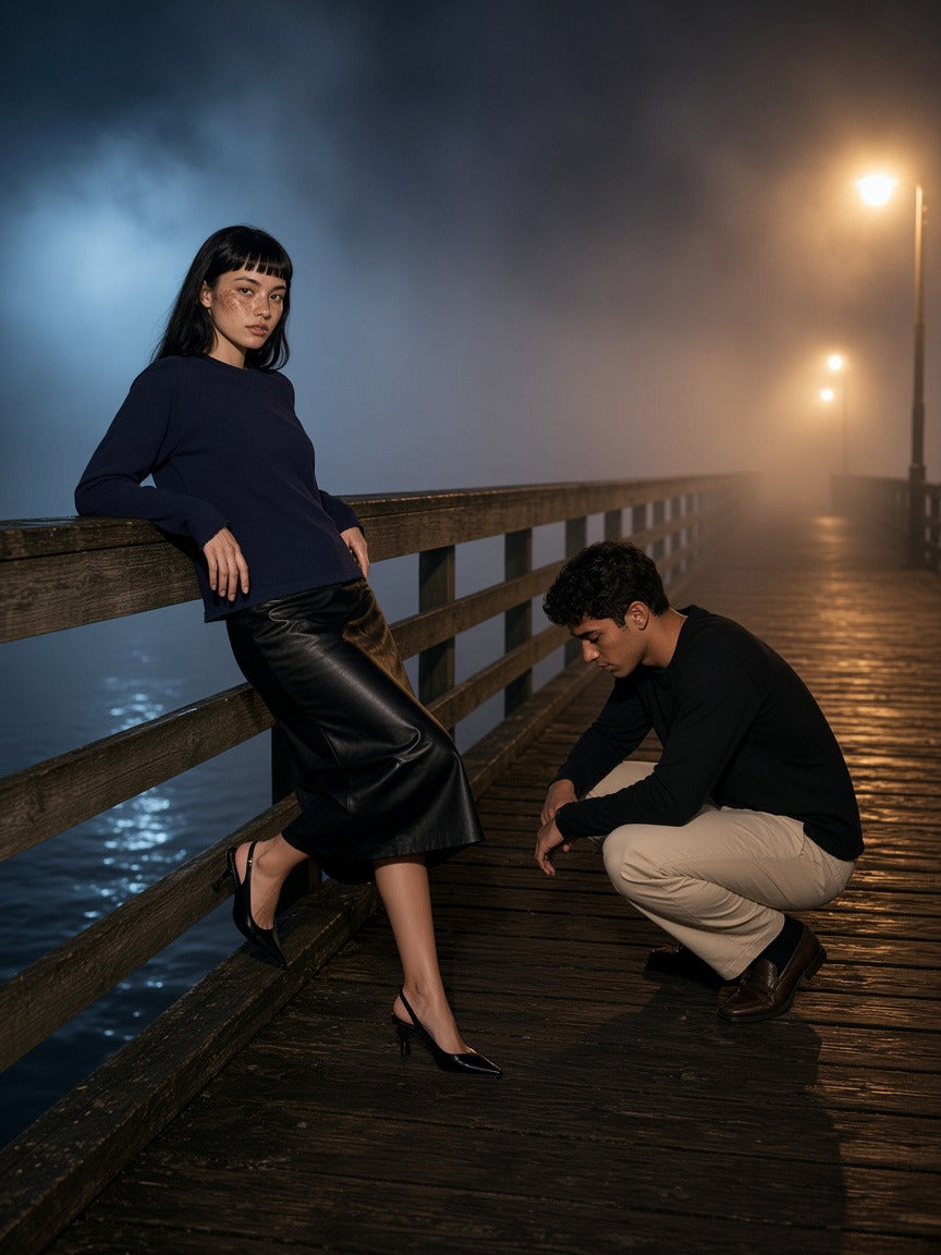 Model wearing the Raw Edge Long Sleeve T-Shirt in Black and Navy Blue, full-length model photo