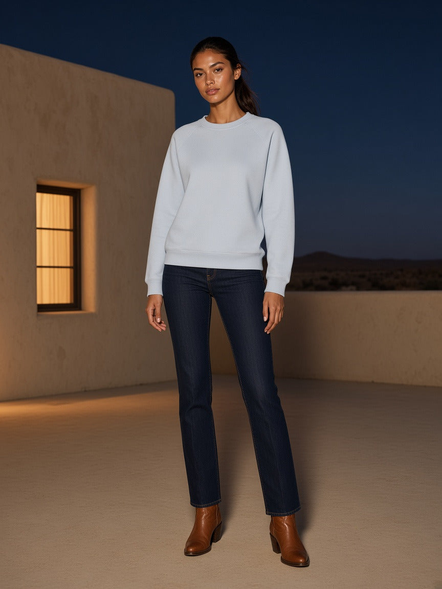 Model wearing the Regular Fit Crewneck Sweatshirt in Light Blue, full-length model photo