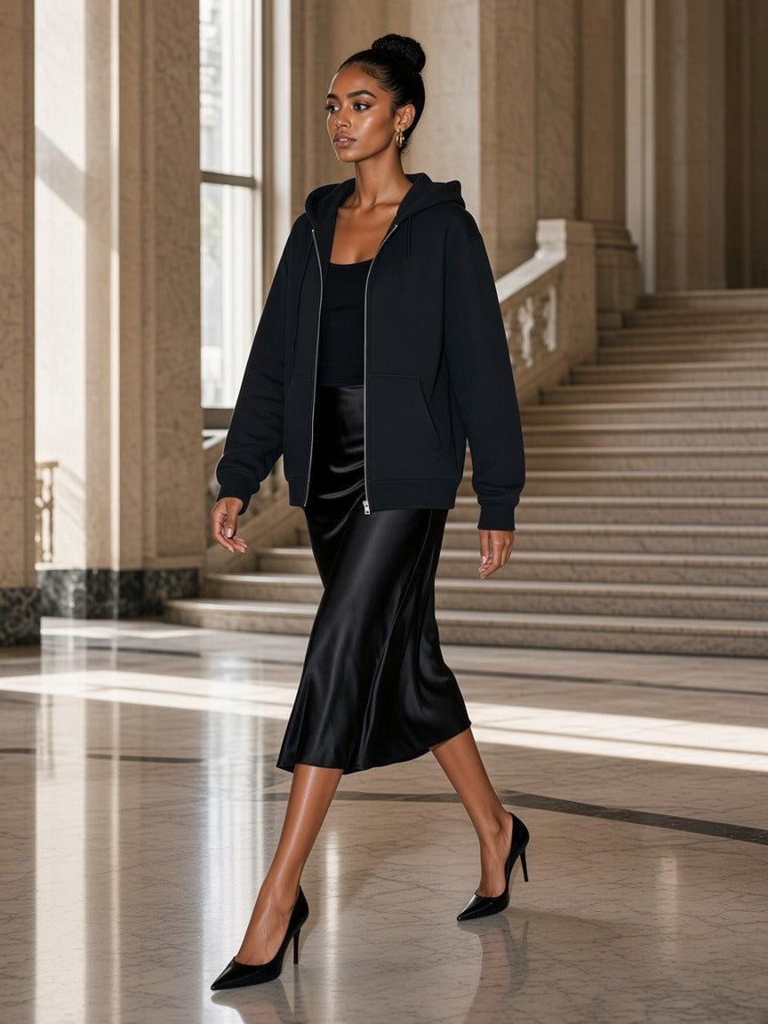 Model wearing the Regular Fit Full Zip Hoodie in Black, full-length model photo