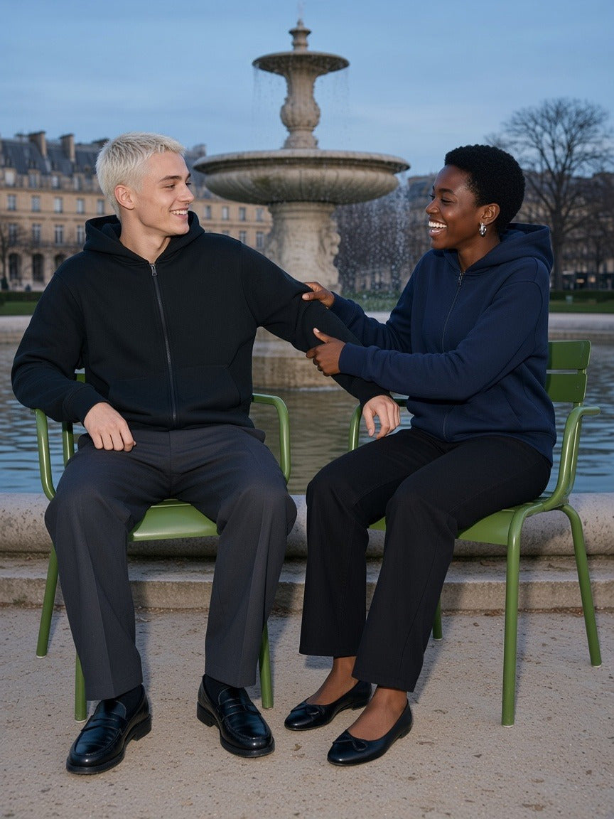 Two people wearing the Regular Fit Full Zip Hoodie in Black and Navy Blue, full-length model photo