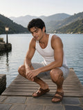 Marcel Afters Regular Fit Shorts in Gray, worn by a man, lake