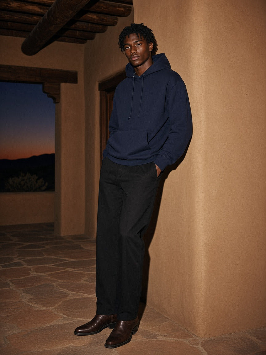 Model wearing the Relaxed Fit Hoodie in Navy Blue, full-length model photo