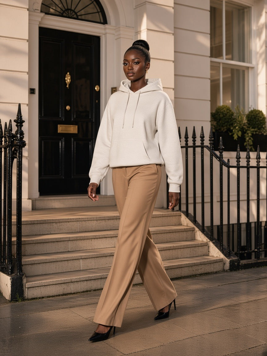 Marcel Afters Relaxed Fit Hoodie in White, worn by a woman, walking down townhouse steps in wide camel trousers