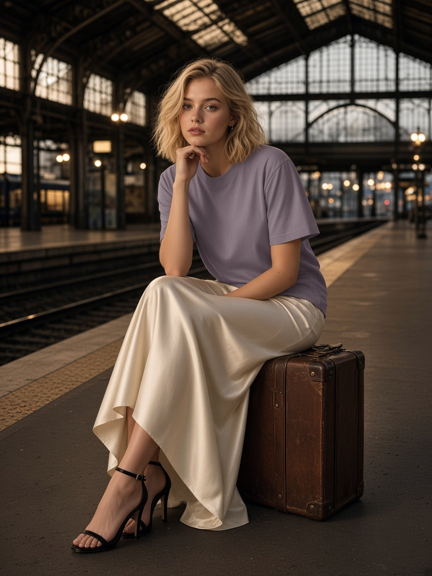 Marcel Afters Reverse Dyed Loose Cotton T-Shirt in Purple, worn by a woman, train station