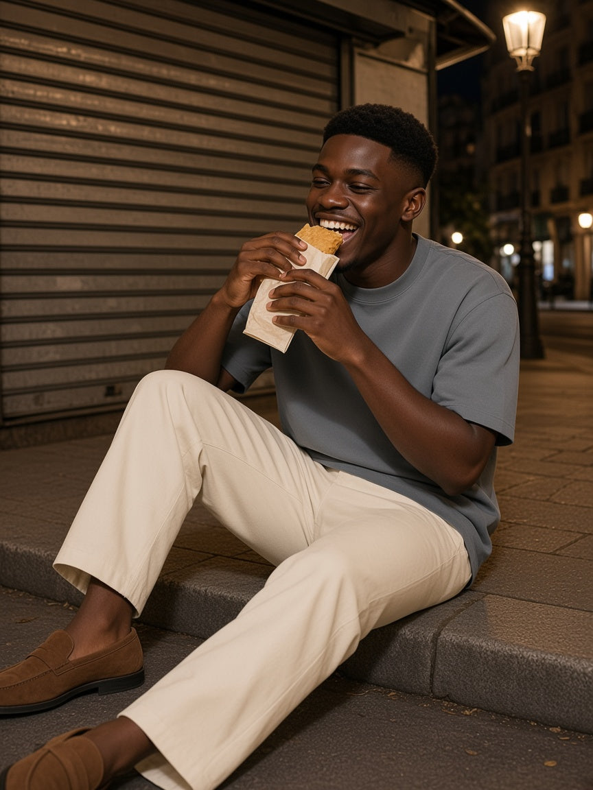 Marcel Afters Reverse Dyed Loose Cotton T-Shirt in Grey, worn by a man, city street