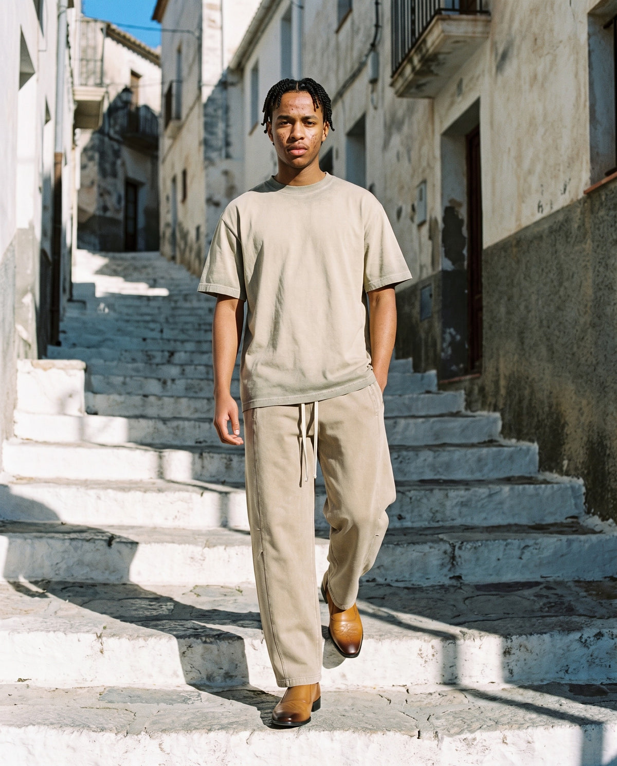 Man wearing the Marcel Afters Reverse Dyed Loose Cotton T-Shirt, Light Tones in Khaki, full-length editorial photograph