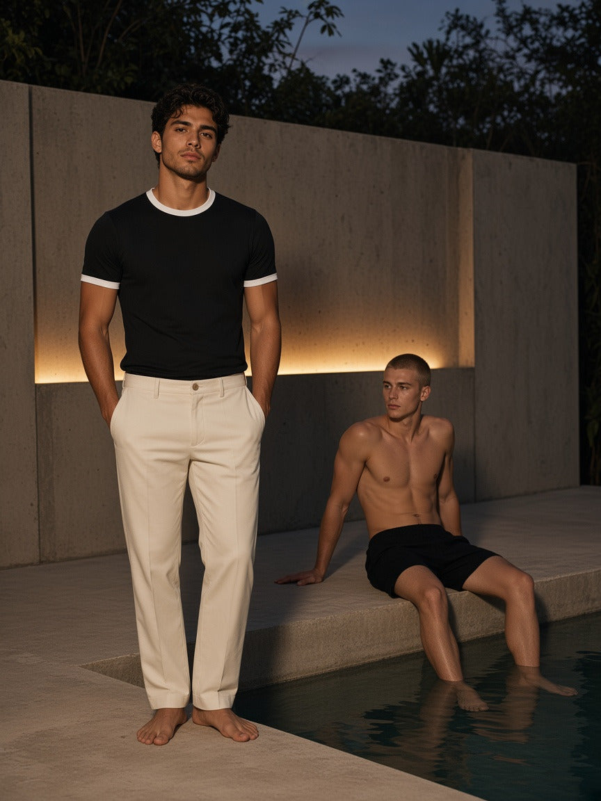 Two people wearing the Ringer T-Shirt in Black, full-length model photo