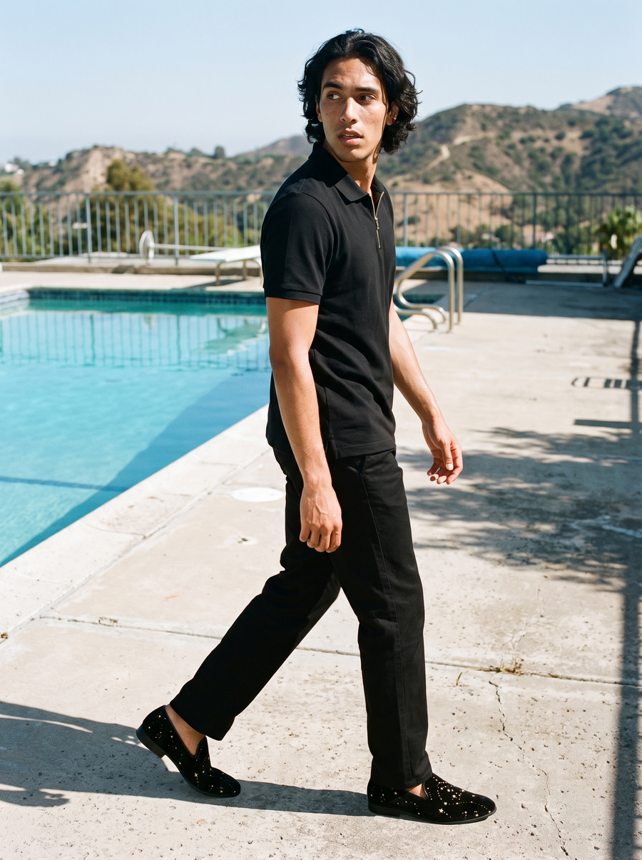 Half-Zip Cotton Polo in Black with Heavyweight Cotton Straight-Leg Pants in Black, worn together