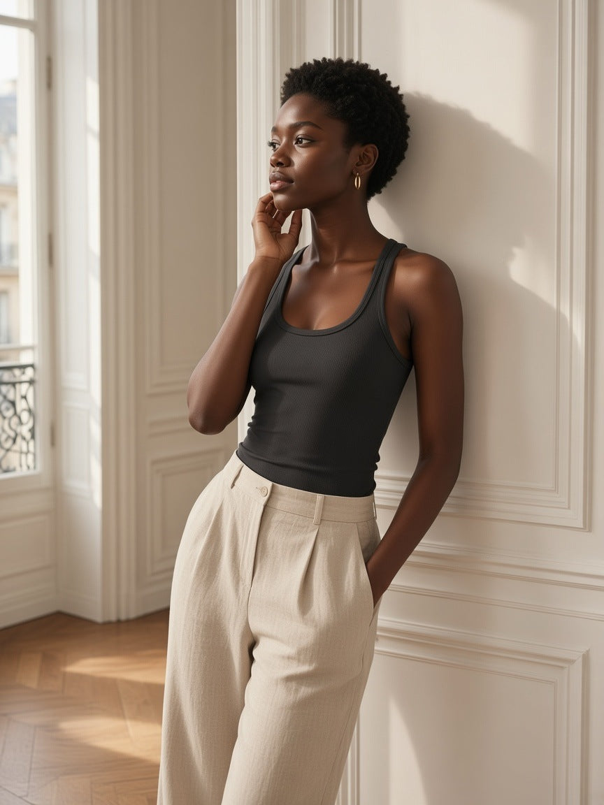 Woman in the Slim Fit Ribbed Racerback Tank Top in Dark Gray by the French windows of a Paris apartment in morning light