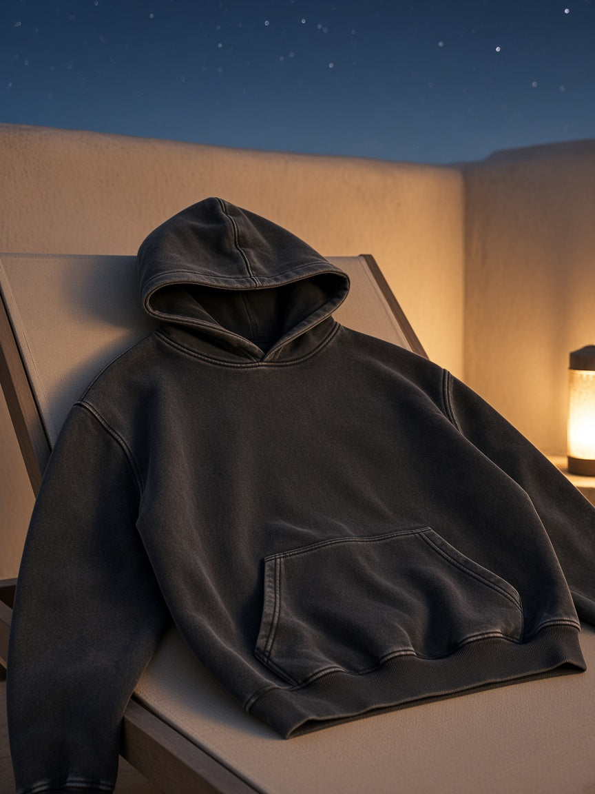 Marcel Afters Snow Wash Fleece Oversize Hoodie in Dark Green, laid flat, on a chair