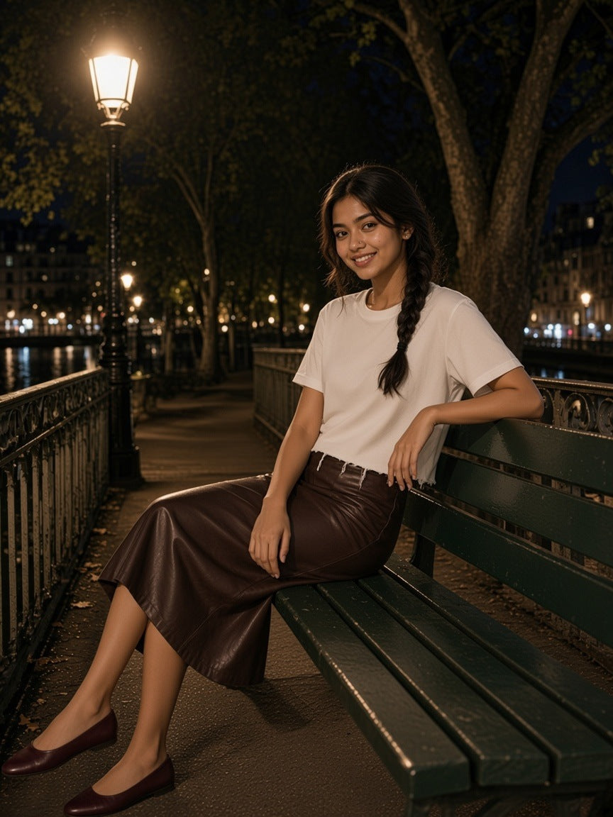 Woman in a Washed White snow wash raw-hem boxy t-shirt and brown leather midi skirt on a lakeside bench at night