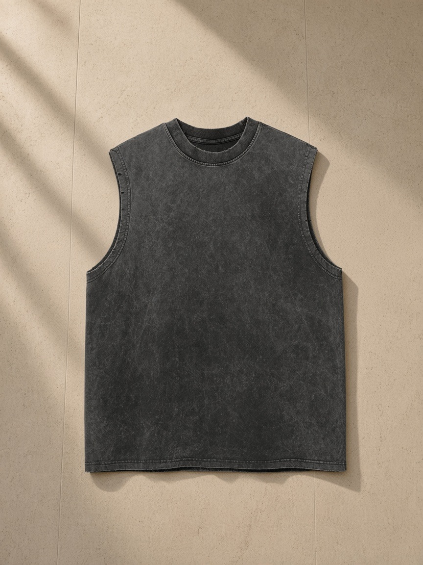 Snow Washed Frayed Hem Tank Top in Black, laid flat on pale limestone