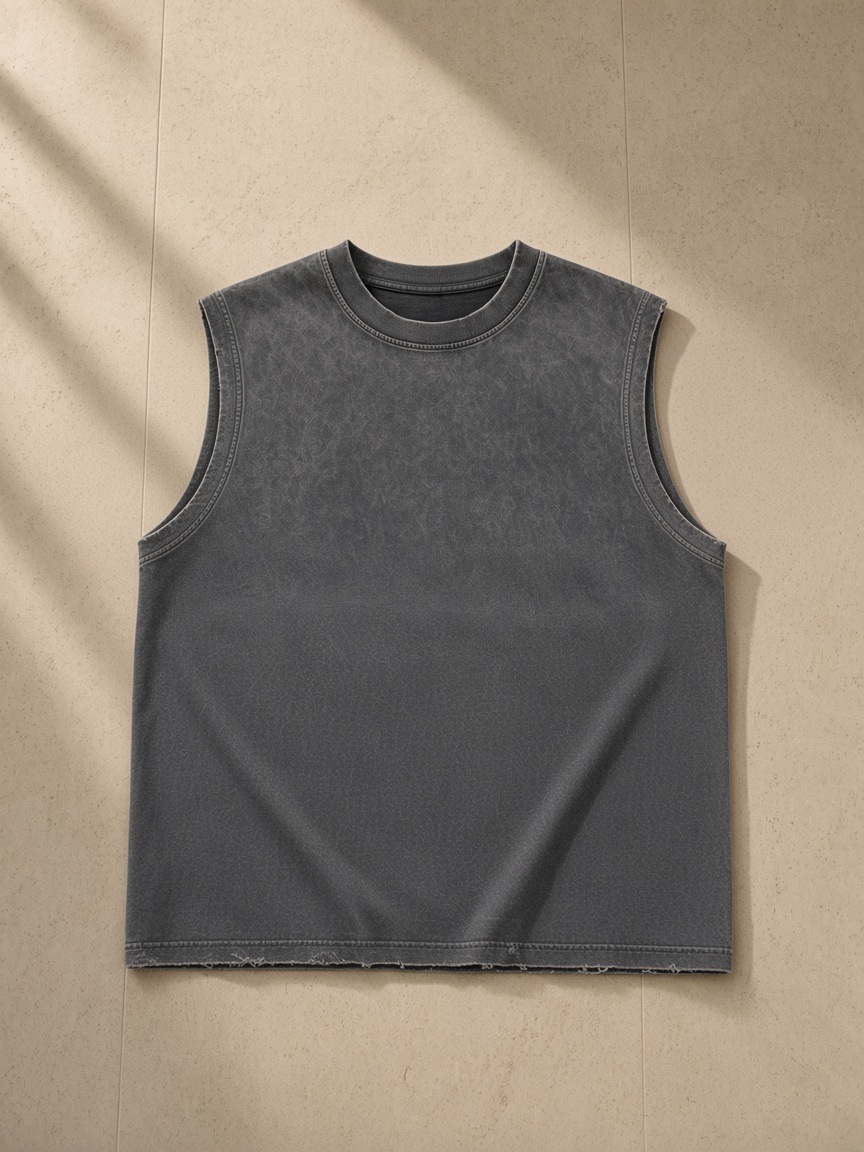 Snow Washed Frayed Hem Tank Top in Dark Gray, laid flat on pale limestone