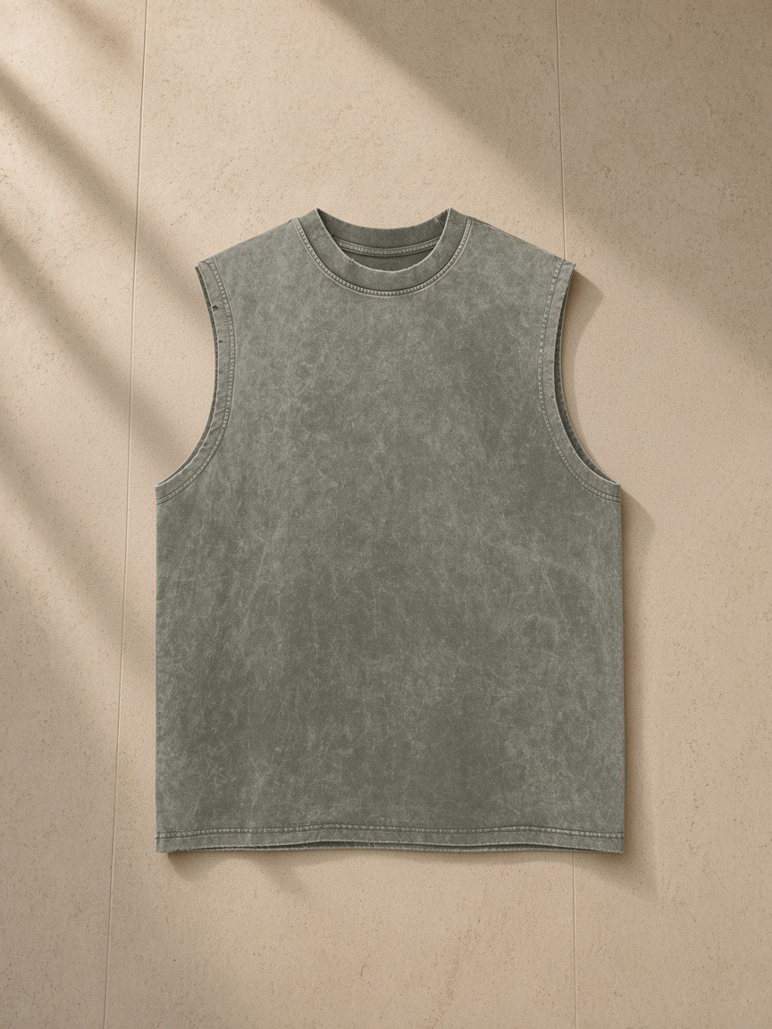 Snow Washed Frayed Hem Tank Top in Gray Green, laid flat on pale limestone
