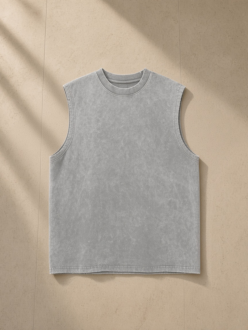 Snow Washed Frayed Hem Tank Top in Light Gray, laid flat on pale limestone